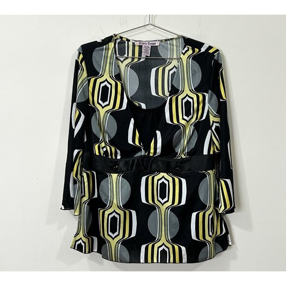 VTG MICHELLE THOMAS Women’s Blouse L Mod Print Bell Sleeve Top Built-In Tank - Picture 1 of 6